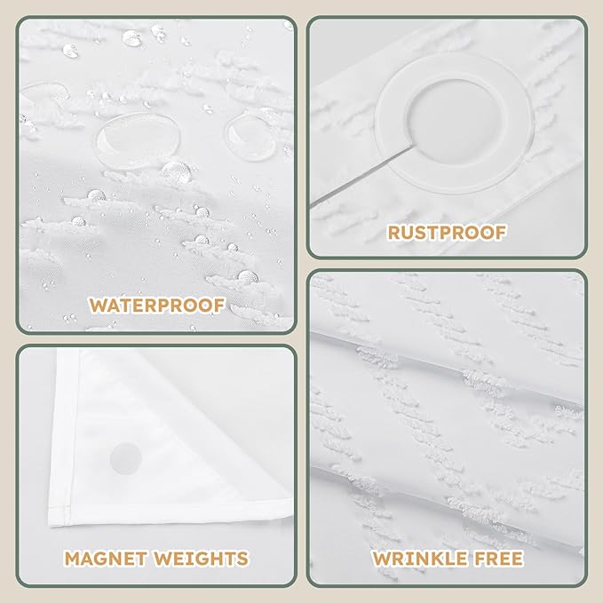 No Hook Shower Curtain and Snap in Liner Set White Tufted Chevron Striped Cloth Waterproof Washable Fabric Boho Bath Curtain with See Through Mesh Top Window for Bathroom Hotel 71" x 74"