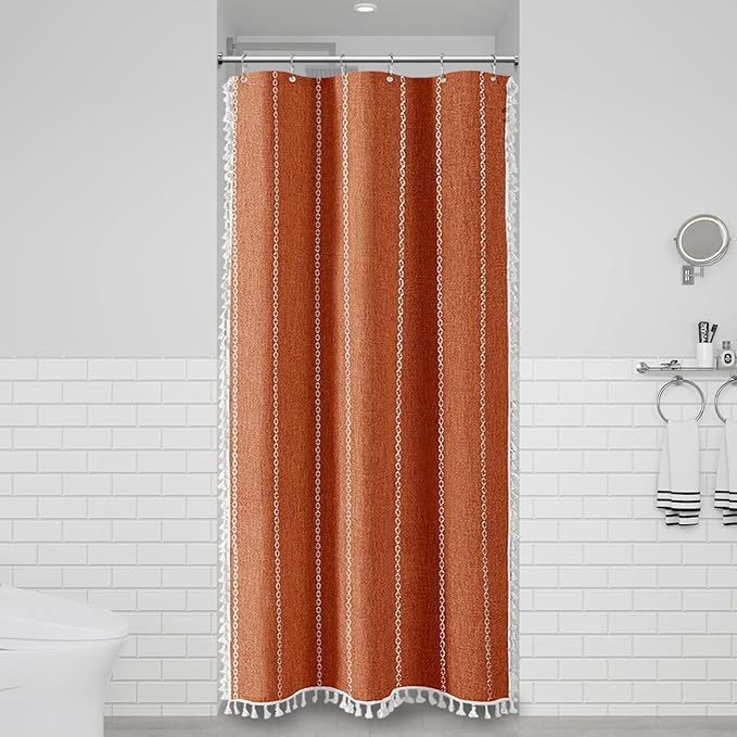 BTTN Boho Shower Stall Curtain - 36x72 Narrow Linen Ultra Thick Striped Tassel Fabric Shower Curtain Set with 6 Hook, Half Modern Farmhouse Cottage Weighted Shower Curtains for Bathroom - Burnt Orange