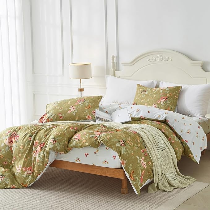 mixinni Duvet Cover Full Size, Long Staple Cotton Reversible Green Floral Duvet Cover Set with Zipper Ties, 3 Pieces Botanical Pink Flowers and Green Branches Patterns Bedding Set