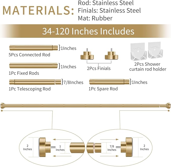 YNL Shower Curtain Rod 34-120 Inches, Adjustable Gold Shower Rod No Drilling, Non-Slip, Never Rust, Stainless Steel, Suitable for Bathroom Living Room, Gold