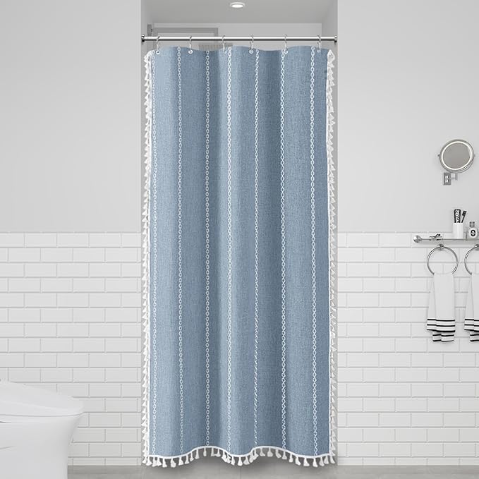 BTTN Boho Shower Stall Curtain - 36x72 Narrow Linen Ultra Thick Striped Tassel Fabric Shower Curtain Set with 6 Hooks, Half Modern Farmhouse Cottage Weighted Cloth Shower Curtains for Bathroom - Blue