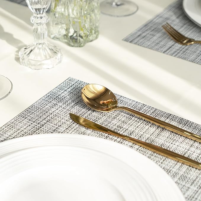 Placemats Set of 12 Vinyl/Plastic Woven Place Mats for Kitchen Table Indoor/Outdoor Washable Placemat Wipeable Dining Table Mats (Grey,12)