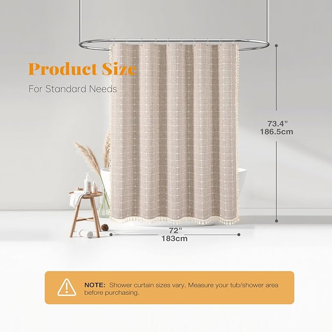BTTN Boho Farmhouse Shower Curtain, Linen Rustic Heavy Duty Fabric Shower Curtain Set with Tassel, Water Repellent, Bohemian French Country Textured Thick Shower Curtain for Bathroom, Tan/Taupe, 72x72