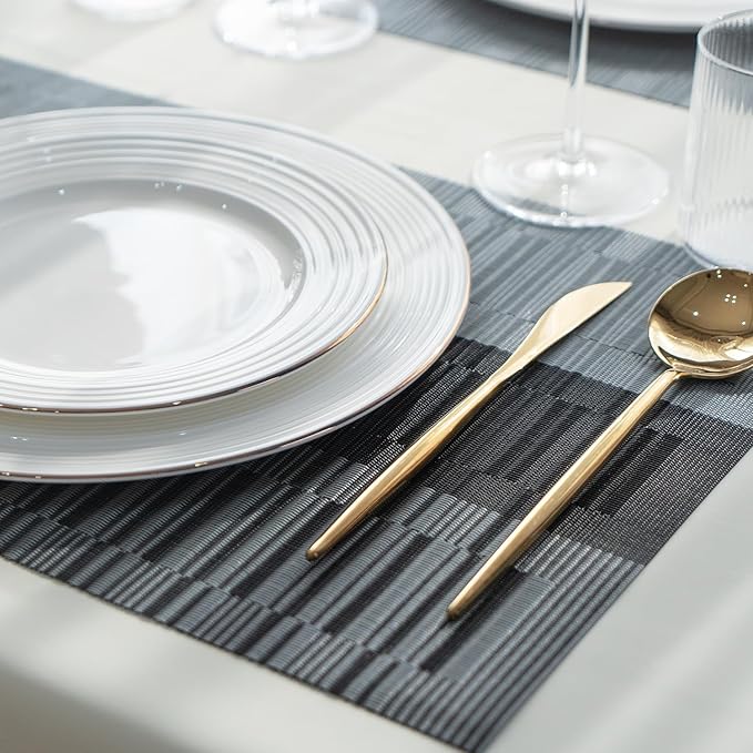 Placemats Set of 12 Vinyl/Plastic Woven Place Mats for Kitchen Table Indoor/Outdoor Washable Placemat Wipeable Dining Table Mats (Ombre Silver Grey Black,12)