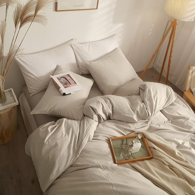 AMWAN Solid Beige Duvet Cover Full Size Soft Washed Cotton Bedding Set Modern Style Boho Comforter Cover Solid Color 1 Full Duvet Cover with 2 Pillow Shams