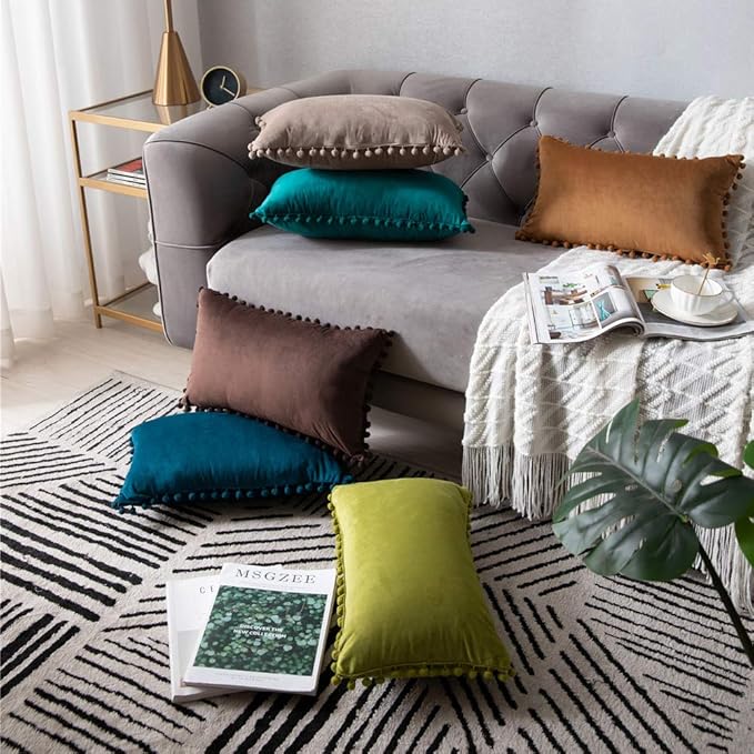 DEZENE Couch Pillow Cases 12x20 Chartreuse: 2 Pack Cozy Soft Pom-poms Velvet Rectangular Throw Pillow Covers for Farmhouse Home Decor