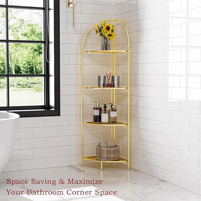 Crofy Foldable 4 Tier Corner Shelf, Metal Corner Plant Stand with Gold Frame and Gold Shelves, Corner Display Rack Multipurpose Shelving Unit for Living Room, Bedroom, Bathroom
