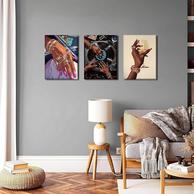 YFvrPt Black Woman Wall Art Set of 3, Trendy African American Women Wall Decor Black Girl Song Lover Canvas Poster Prints Aesthetic Pictures for Bedroom Living Room Framed 12x16 inch