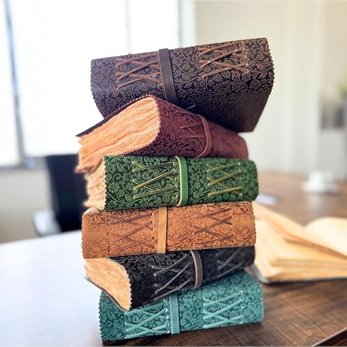 LEATHER VILLAGE Leather Bound Floral Embossed Journal for Women Men - 200 Pages, 8”X6”(A5), Green - Book of Shadows, Vintage Blank Paper Travel Diary, Notebook for Writing, Drawing, Sketchbook