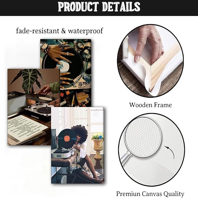 Framed Black Girl Canvas Wall Art 3Pcs black Girl Record Music Wall Decor Pictures Funky Black Girl Posters prints for Modern Black Woman Bedroom Home Decoration 16x24in