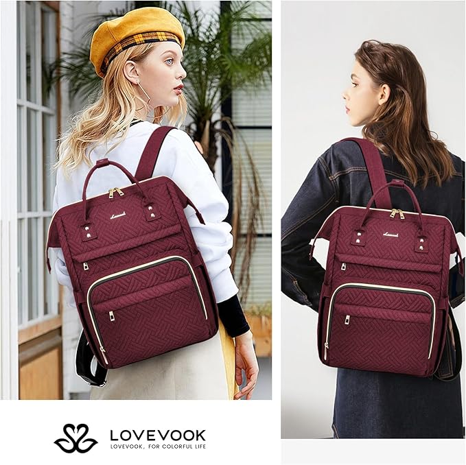 LOVEVOOK Laptop Backpack for Women,15.6 Inch Professional Womens Travel Backpack Purse Computer Laptop Bag Nurse Teacher Backpack,Waterproof College Work Bags Carry on Back Pack with USB Port,Wine Red