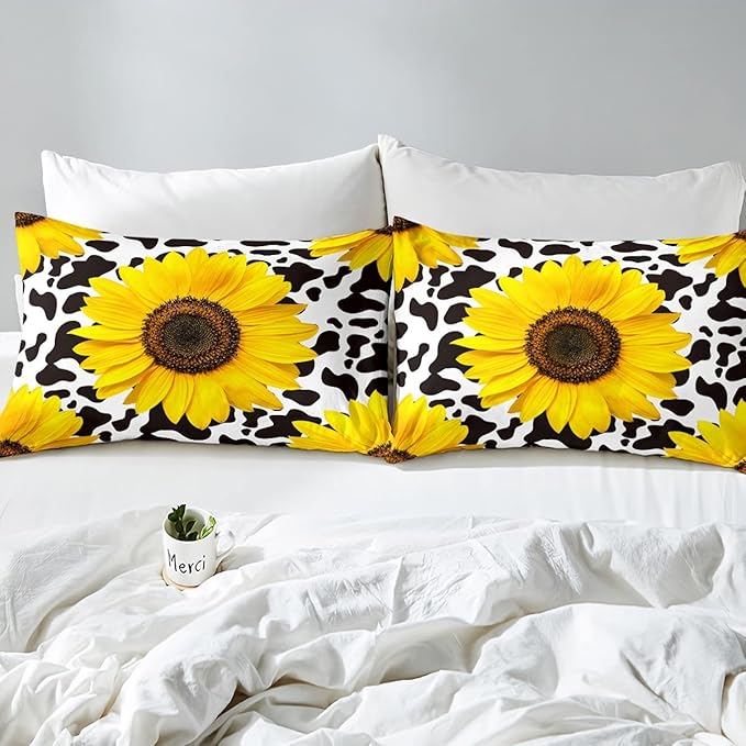 Feelyou Sunflower Bedding Set Botanical Floral Duvet Cover Yellow Flowers Print Comforter Cover Cute Cows Bedspread Cover Bedroom Collection 3Pcs Queen Size