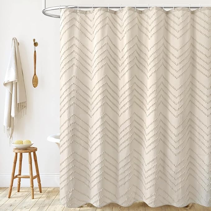 Beige Boho Fabric Shower Curtain 60 x 72 Modern Shabby Chic Textured Tufted Chevron Striped Minimalist Cloth Bathroom Shower Curtain
