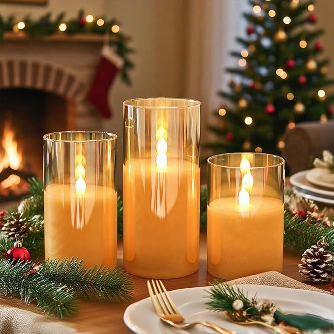 GenSwin Rechargeable Candles with Charging Station, Glass Battery Operated Flamless Candles with Remote Timer, LED Pillar Flickering Candle for Halloween Christmas Wedding Home Decor(Pack of 3, Gold)
