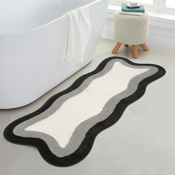 HAOCOO Microfiber Bathroom Runner Rug, 18x47 inch Non Slip Long Rug Runner, Washable Luxury Soft Absorbent Carpet Funny Decor for Shower Kitchen Entryway Bedroom Black/Grey