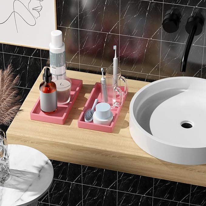 BBK Bathroom Vanity Tray 7.8 in - 2 Pack(Small) Silicone Bathroom Tray for Counter, Perfume Key Trinket Ring Tray, Decor Soap Dispenser Countertop Tray for Kitchen Sink Organization (Pink)