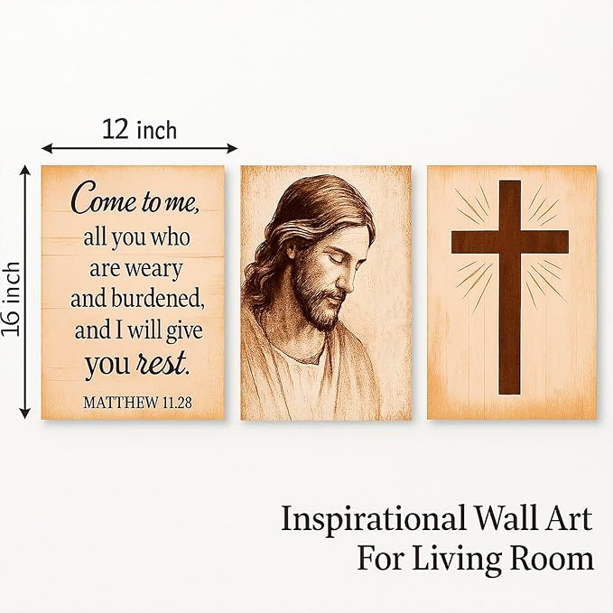 DoawBang Rustic Farmhouse Wall Art Set of 3– Jesus Portrait, Cross, and Scripture – Wooden Frame Canvas Prints, “Come to Me” Matthew 11:28, Christian Home Decor for Living Room, Prayer Room, 12"x16"