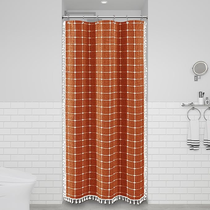 BTTN Boho Shower Stall Curtain - 36x72 Narrow Linen Ultra Thick Tassel Fabric Shower Curtain Set with 6 Plastic Hook, Half Camper RV Modern Farmhouse Country Shower Curtains for Bathroom, Brunt Orange