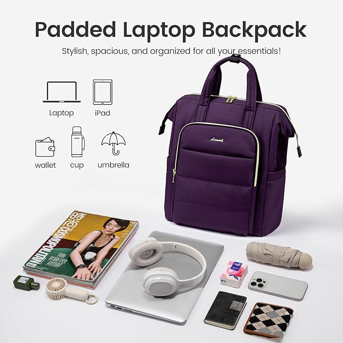 LOVEVOOK Laptop Backpack Women 17 inch,Lightweight Puffer Travel Backpacks for Women,Quilted Laptop Bag Computer Work Teacher Nurse Backpack,Womens Backpack Purse for College Business,Dark Purple