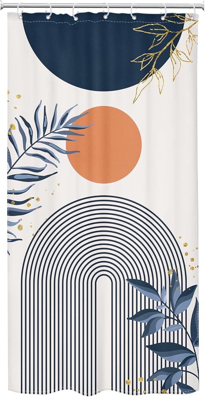 Small Stall Boho Shower Curtain 36Wx72H Navy Blue Modern Bohemian Mid Century Gold Leaves Orange Minimalist Geometric Bathroom Decor Half Narrow Bath Curtain Fabric Polyester 7 Pack Hooks