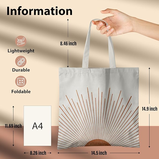 Boho Tote Bag Aesthetic, Minimalist Abstract Boho Terracotta Sun Sunshine Canvas Tote Bag for Women