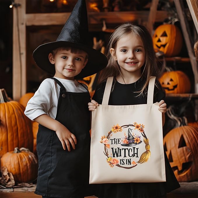 Halloween Tote Bag Retro Halloween Canvas Bag Witch Hat Cotton Canvas Tote Bag for Women Gift Holiday Reusable Grocery Bag Shoulder Bag