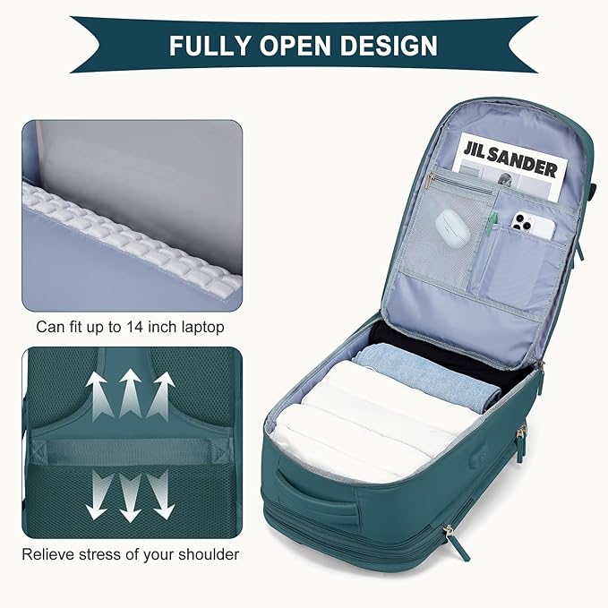 coowoz Large Travel Backpack For Women Men, Carry On Backpack,Hiking Backpack Waterproof Outdoor Sports Rucksack Casual Daypack Expandable Heavy Duty Extra large Backpack Peacock Blue