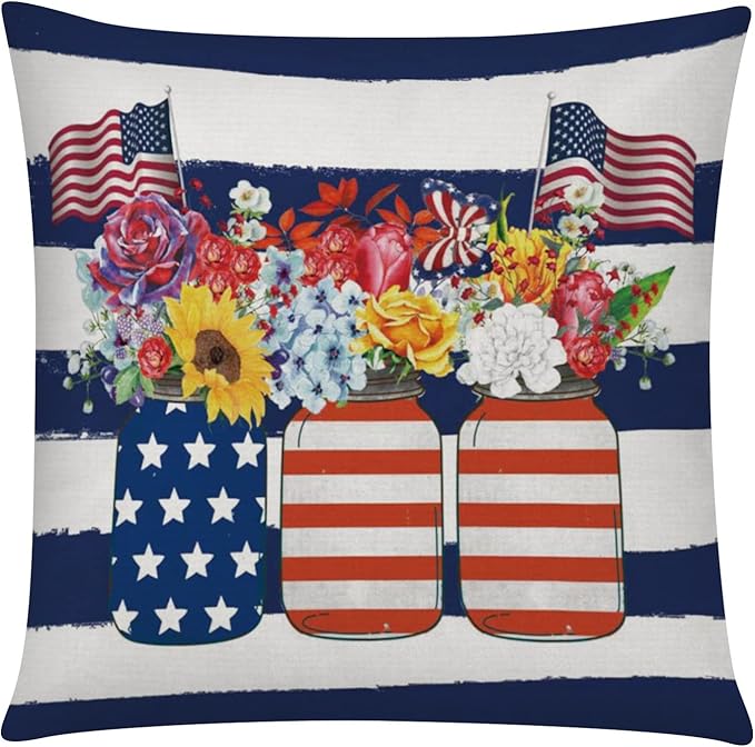 COMMINY 4th of July Pillow Covers 18x18 Set of 6 Patriotic Stripes Throw Pillow Cover American Flag Pillow Case Independence Memorial Day Decorations for Couch Home