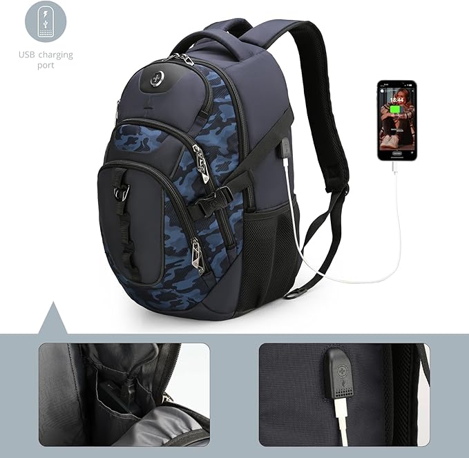 Swissdigital Design Laptop Backpack with USB Charging Port, Travel Backpack Fits 15.6 inches Computer, 31L College School Backpack for Men, Blue Camo | SD803