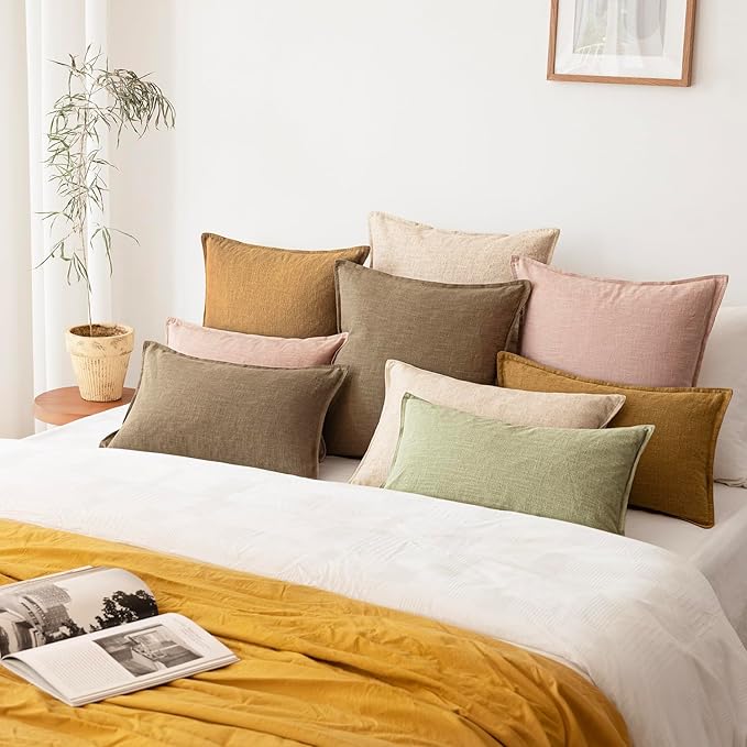 Foindtower Pack of 2, Decorative Linen Solid Throw Pillow Covers Soft Accent Cushion Case Boho Farmhouse Pillowcase for Bed Chair Couch Sofa Bedroom Living Room Home Decor 24 x 24 Inch Light Pink