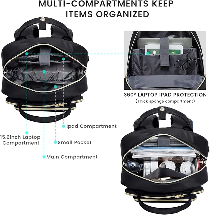 LOVEVOOK Laptop Backpack Women Teacher Backpack,15.6 Inch Laptop Bag with USB Port,Waterproof Daypack for Work Travel,Black