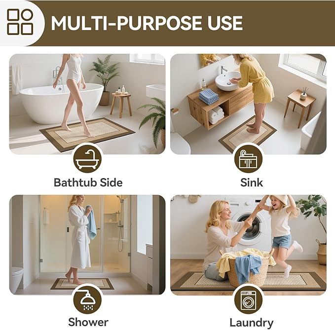 Non Slip Thin Bath Mat Bathroom Rugs, Rubber Backing Ultra Thin Bathroom Rug Fit Under Door, Quick Dry Super Absorbent Washable Shower Bath Mats, Khaki 16x24