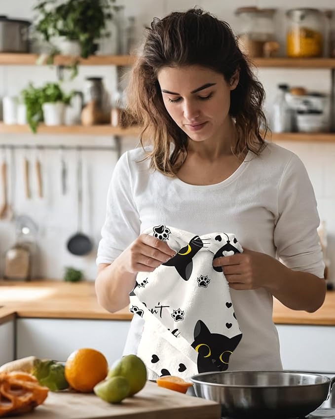 Microfiber Kitchen Towels - Set of 2 Dish Towels for Kitchen 18 x 26 Inch Home Decoration Black Cat Cute Spring Hand Towels Soft & Absorbent Aesthetic Design