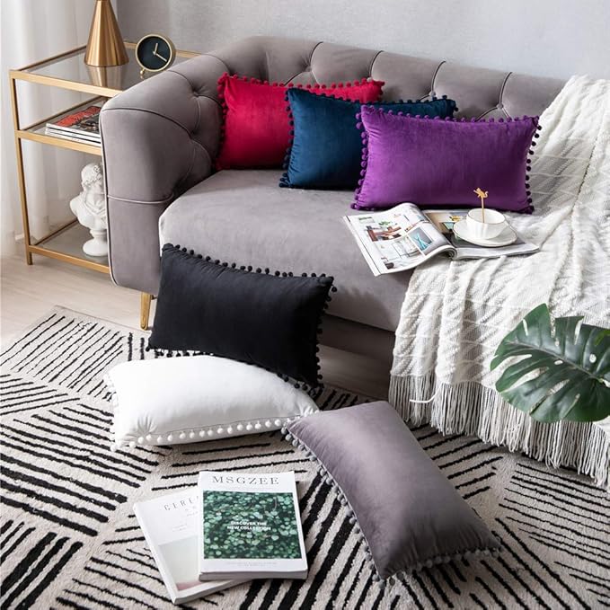 DEZENE Throw Pillow Covers 12x20 Dark-Grey: 2 Pack Cozy Soft Pom-poms Velvet Rectangular Decorative Pillow Cases for Farmhouse Home Decor