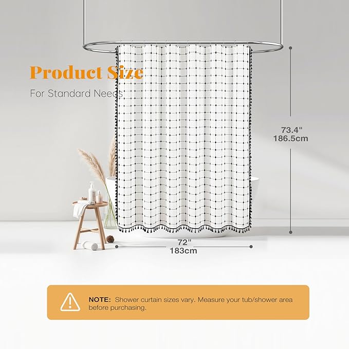 BTTN White and Black Boho Shower Curtain - Linen Rustic Farmhouse Heavy Duty Fabric Shower Curtain Set with Tassel, Water Repellent, Bohemian Vintage Country Cloth Shower Curtains for Bathroom, 72x72