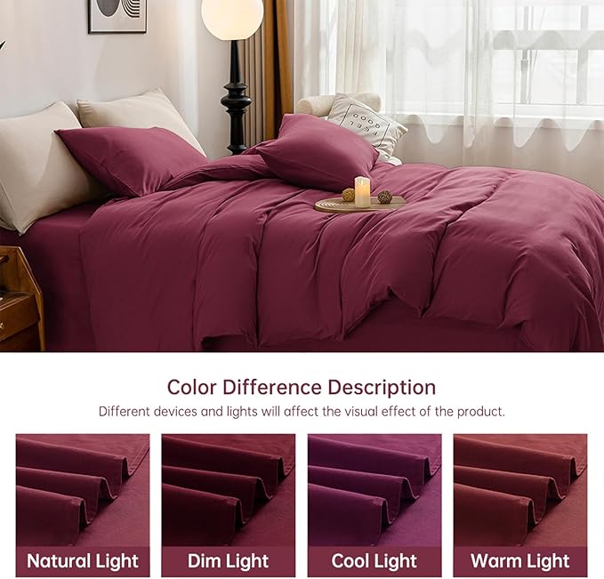 JELLYMONI Burgundy Duvet Cover King Size - 100% Washed Cotton Linen Like Textured Comforter Cover, 3 Pieces Breathable Soft Bedding Set with Zipper Closure (Burgundy, King 104"x90")