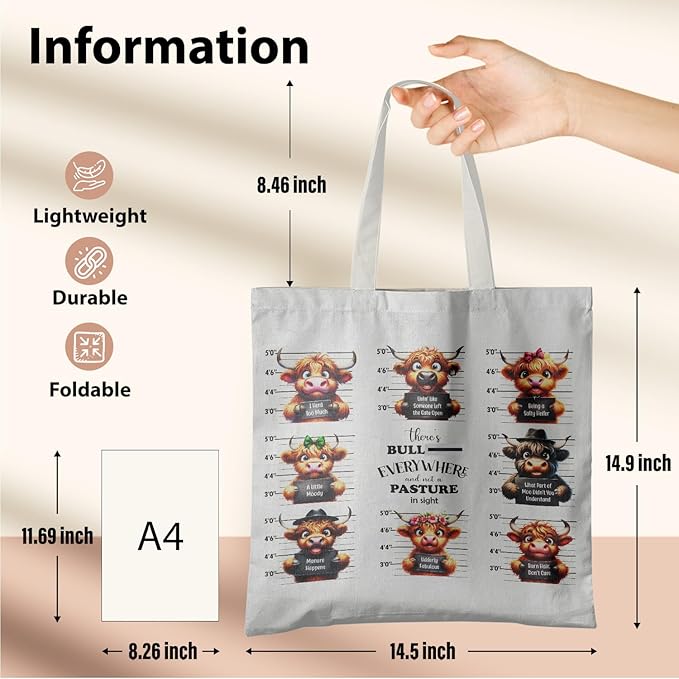 Western Highland Cow Canvas Tote Bag - Highland Cow Lover Gifts,Canvas Shoulder Bag for Women for Girls