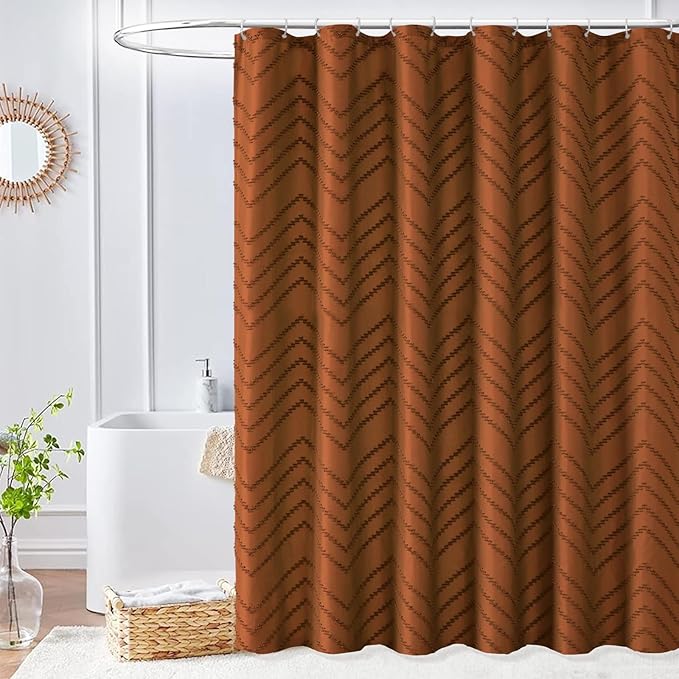 Extra Long Orange Boho Shower Curtain 96 inch Shower Curtain, Tufted Chevron Striped Chic Textured Minimalist Bathroom Shower Curtains