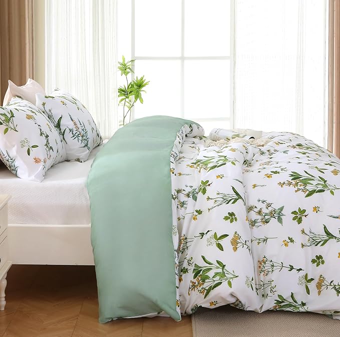 MUXHOMO Duvet Cover Queen Size, Reversible Floral Green Flower Duvet Cover Set with Zipper Closure, 3 Pieces Botanical Patterns Soft Microfiber Bedding Set with 4 Ties (90"x90", 2 Pillow Cases)