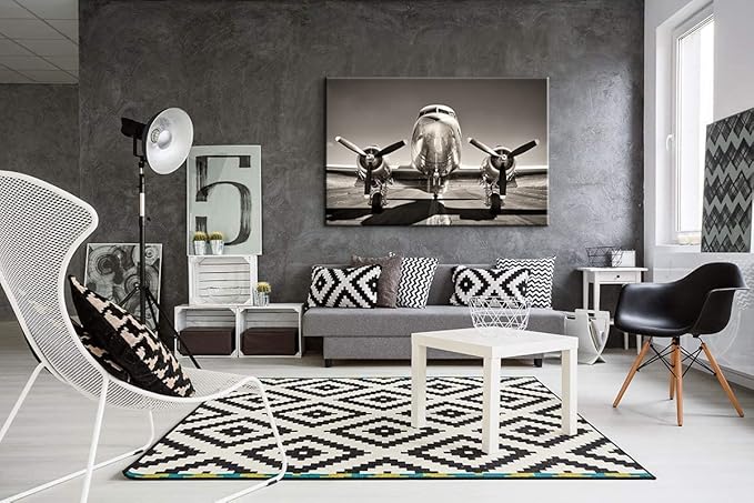 Vintage Douglas DC-3 Airplane Poster - Black and White Propeller Wall Art - Twin Engine Aviation Gifts for Home Office Decor - Easy to Hang (28"Hx40"W)