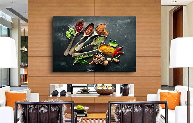 Mistyefly Kitchen Wall Art Canvas Print - Colorful Spice Spoons - 12''Hx18''W - Modern, Contemporary Style - UV Resistant, Waterproof - Kitchen Dining Room Decor