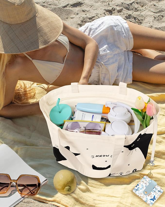 Large Tote Bag for Women - Aesthetic Cute Big Canvas Bags with Zipper Cotton Shoulder Bag for Gym, Travel, Work