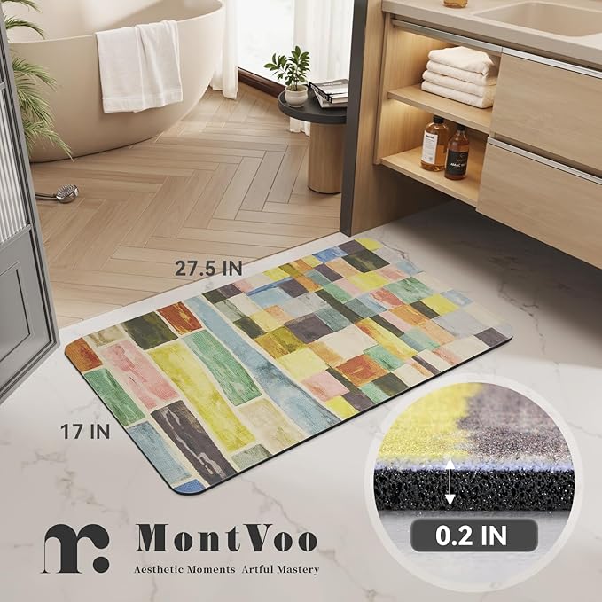 MontVoo -Bath Mat-Non Slip Thin Bathroom Rugs Fit Under Door- Quick Dry Absorbent Faux Suede Surface Grey Bathroom Floor Mats-Shower Rug for in Front of Bathtub Shower Colorful Plaid 17x27.5