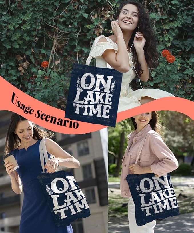 Lake Turtle Canvas Tote Bag for Women Teen Girls Gifts Cute Small Travel Work Tote Bags Reusable Grocery Bags Shoulder Bag