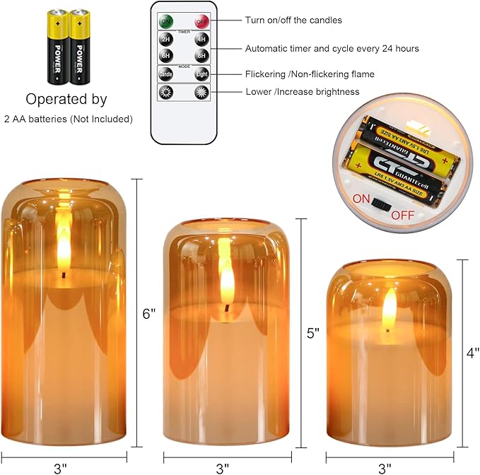 GenSwin Glass Gold Flameless Candles with Remote Timer, Battery Operated Candles with Flickering Flame, Glass and Real Wax LED Pillar Candle for Halloween Christmas Home Decor(Set of 3, D3”x4”5”6”)
