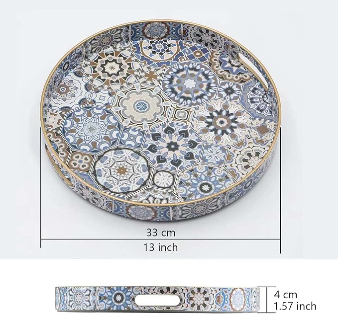 Round Serving Tray with Handles - Boho Coffee Table Tray Ottoman Tray,Large Trays for Ottoman Coffee Table,Modern Decorative Trays for Living Room