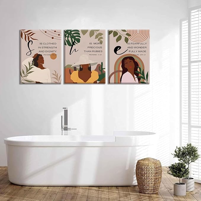 ANVOTIG 3Pcs Black Girl Canvas Wall Art African American Woman Wall Decor Inspirational Boho Culture Signs Western Country Girl Room Posters for Bedroom Livingroom Bathroom Study Framed 12x16in