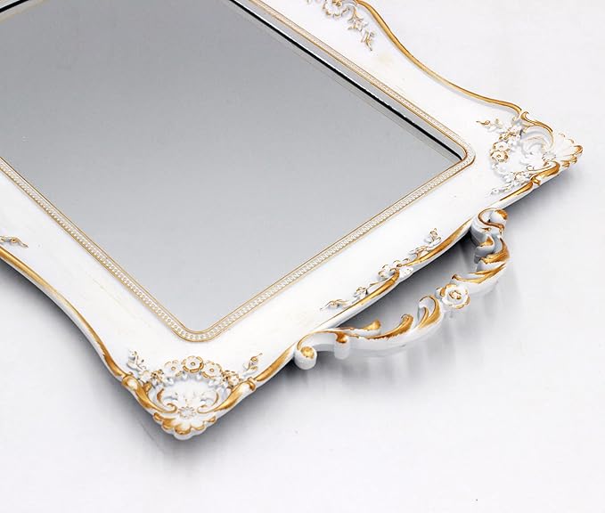 Antique Decorative Gold Framed Square Mirror Tray, Jewelry & Cosmetics Organizer for Dresser, Square - 9.5" W x 14.5" L (White)