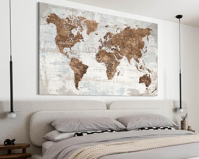 Pictures for Living Room Wall Decoration Canvas Large Wall Art Mens Office Brwon Travel Map Decor Tan Artwork