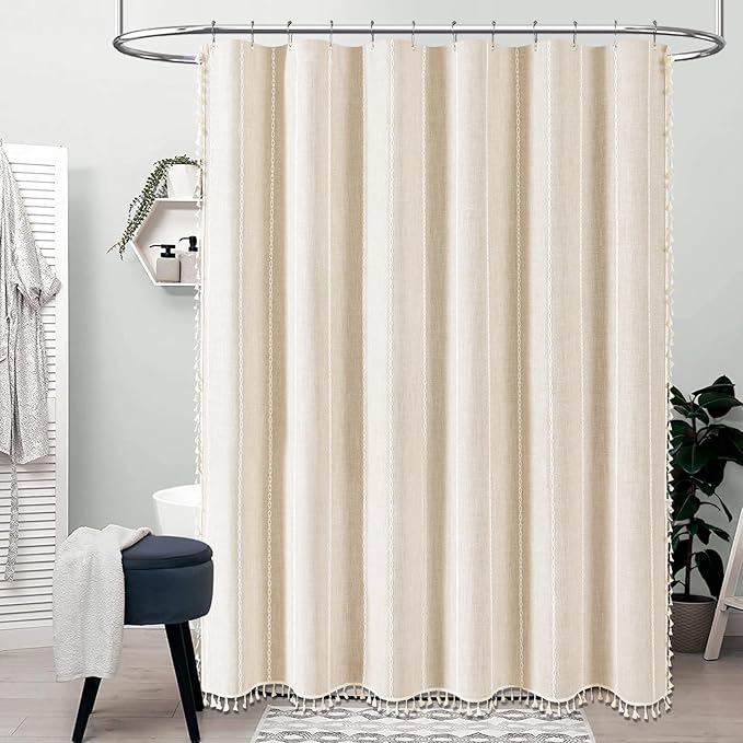 BTTN Stall Shower Curtain - 60x72 Narrow Boho Farmhouse Linen Vintage Striped Fabric Shower Curtain Set with 10 Hooks, Bohemian Cottage Decorative Heavy Duty Shower Curtains for Bathroom - Cream/Beige